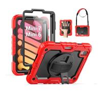 SEYMAC Kids Case for iPad mini 7 (A17 Pro) 2024/ Mini 6 8.3″, Full-Body Shockproof Protective Case with Screen Protector, Rotating Stand, Hand/Shoulder Strap for iPad mini 7th/ 6th Generation, Red