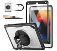 SEYMAC stock Case for iPad 9th/8th/7th Generation 10.2 Inch, Frosting-Anti-Slip, Shockproof Case with Screen Protector, 360 Rotating Hand Strap/Stand, Pencil Holder, Shoulder Strap, Clear/Black