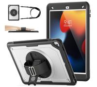 SEYMAC stock Case for iPad 9th/8th/7th Generation 2021/2020/2019 (10.2 Inch), Frosting-Anti-Slip Shockproof Case with Screen Protector, 360° Rotating Hand Strap/Stand, Pencil Holder, Clear/Black