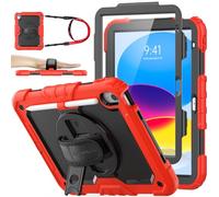 SEYMAC stock Case for iPad A16 11th/10th Generation (11/10.9 Inch) 2025/2022, Heavy Duty Shockproof with Screen Protector, 360° Rotating Stand/Hand Strap, Pencil Holder & Shoulder Strap, Red