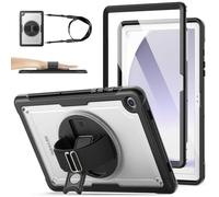 SEYMAC stock Case for Samsung Galaxy Tab A9 Plus/ A9+ Case 11 inch 2023, Frosting-Anti-Slip, Shockproof Cover with Screen Protector, 360° Rotating Hand Strap/Stand & Shoulder Strap, Clear/Black