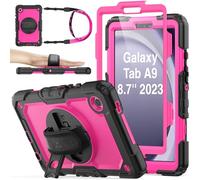 SEYMAC stock for Samsung Galaxy Tab A9 Case 8.7 inch 2023, Heavy Duty Shockproof Cover with Screen Protector, 360° Rotating Stand/Hand Strap & Pen Holder for Samsung A9 Tablet Case, Rose