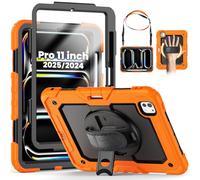 SEYMCY Case for iPad Pro 11 inch M5/M4 2025/2024, (Not suitable for 2018~2022 versions), Shockproof with Screen Protector, 360° Rotating Stand & Hand Strap, Shoulder Strap, Pencil Holder, Orange