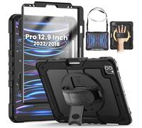 SEYMCY Case for iPad Pro 12.9 Inch 2022/2021/2020/2018 (Pro 6th/5th/4th/3rd), Full-body Shockproof with Screen Protector, 360° Rotating Hand Strap & Stand, Carrying Strap, Pencil Holder, Black