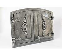 SEZAM cast iron double smoker door with thermometer 500 °C, with door latch, semicircular, door for smoker - oven door - stone oven door, 41 x 4 x 55 cm, painted antique silver