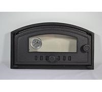 SEZAM Cast Iron Oven Door with Thermometer 500°C Heat Resistant Glass Left Opening Pizza Door Bread Oven Stone Door 48.5 x 6.5 x 27.5 cm Half Round Black