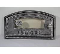 SEZAM Cast Iron Oven Door with Thermometer 500°C, Heat Resistant Glass Pane, Left Opening, Pizza Oven Door, Bread Oven, Stone Oven Door, 48.5 x 6.5 x 27.5 cm, Semi-Circular, Antique Silver Painting