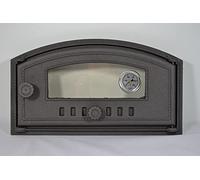 SEZAM Cast Iron Oven Door with Thermometer 500°C, Heat Resistant Glass Pane, Opening Right, Pizza Oven Door, Bread Oven, Stone Oven Door, 48.5 x 6.5 x 27.5 cm, Semicircular, Graphite Painting