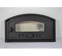 SEZAM Cast Iron Oven Door with Thermometer 500°C, Heat Resistant Glass Pane, Right Opening, Pizza Oven Door, Bread Oven, Stone Oven Door, 48.5 x 6.5 x 27.5 cm, Semicircular, Black Painting