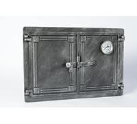 SEZAM double cast iron bread oven door with thermometer 500 °C, with door latch, pizza oven door - bread oven - stone oven door, 48 x 3 x 32.5 cm, antique silver-colored painting