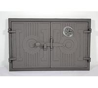 SEZAM double cast iron oven door with thermometer 500 °C with door latch, rectangular, pizza oven door - bread oven - stone oven door, 42 x 3 x 27.2 cm, painted graphite