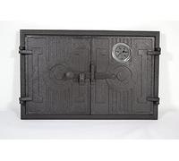 SEZAM double cast iron oven door with thermometer 500 °C with door latch, rectangular, pizza oven door - bread oven - stone oven door, 42 x 3 x 27.2 cm, painted black