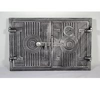 SEZAM double cast iron oven door with thermometer 500 °C with door latch, rectangular, pizza oven door - bread oven - stone oven door, 42 x 3 x 27.2 cm, painted silver