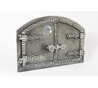 SEZAM double oven door made of cast iron with thermometer 500 °C, with door latch, rivet look, pizza oven door - bread oven - stone oven door, 53.2 x 5.5 x 35.5 cm, antique silver-colored painting