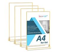 Sezanrpt A4 Acrylic Sign Holder with Gold Boarder 4 Pack, Wedding Table Numbers Display Stand Double Side, Clear Menu Holder for Table Top, Restaurant Retail, Paper Holder, Picture Frame