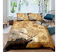 Sezhiqeu Sailing Ship Map King Size Duvet Cover Sets 3d Print Ultra Soft Comfort Microfiber Nautical Theme Bedding Set Quilt Cover 230x220 cm with 2 Pillowcases with Zipper Closure B-1576
