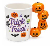 SEZHN Ceramic Trick or Treat Pumpkin Mug, Halloween Mugs for Adults | Food-safe ceramic mug with a pumpkin shaped handle, ideal for hot drinks, seasonal decor and Halloween Gifts for Women