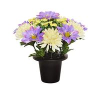 SF 25CM ARTIFICIAL CREAM/IVORY & LILAC CHRYSANTHEMUM & CLEMATIS GRAVE FLOWER POT - VASE INSERT MEMORIAL