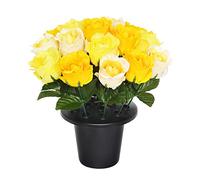 SF ARTIFICIAL YELLOW OPEN ROSE GRAVE POT WITH 16 FLOWERS - VASE INSERT MEMORIAL