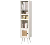SFAREST 137CM Tall Narrow Bookcase, Wooden Freestanding Bookshelf with 12-Position Adjustable Shelf & Cabinet, Slim Corner Display Storage Shelving Units for Living Room Bedroom Office (White)