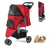SFAREST Folding Pet Stroller, Portable Pet Travel Pushchair with Adjustable Canopy, 3 Shock-Absorbing Wheels, Storage Basket and Cup Holder, 3 Wheel Pet Travel Carrier for Dogs and Cats (Red)