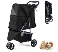 SFAREST Folding Pet Stroller, Portable Pet Travel Pushchair with Adjustable Canopy, 3 Shock-Absorbing Wheels, Storage Basket and Cup Holder, 3 Wheel Pet Travel Carrier for Dogs and Cats (Black)