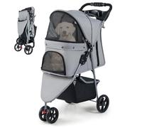 SFAREST Folding Pet Stroller, Portable Pet Travel Pushchair with Adjustable Canopy, 3 Shock-Absorbing Wheels, Storage Basket and Cup Holder, 3 Wheel Pet Travel Carrier for Dogs and Cats (Grey)