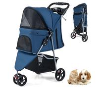 SFAREST Folding Pet Stroller, Portable Pet Travel Pushchair with Adjustable Canopy, 3 Shock-Absorbing Wheels, Storage Basket and Cup Holder, 3 Wheel Pet Travel Carrier for Dogs and Cats (Navy)