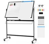 SFAREST Magnetic Whiteboard, Height Adjustable Reversible Dry Erase Board with Grid Pattern Board, Marker Tray, Double Sided Rolling Flipchart Board for Home Office School (Black, 120 x 80cm)