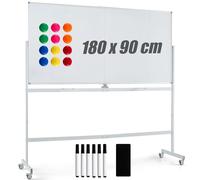 SFAREST Magnetic Whiteboard, Height Adjustable Reversible Dry Erase Board with Grid Pattern Board, Marker Tray, Double Sided Rolling Flipchart Board for Home Office School (White, 180 x 90cm)