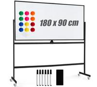 SFAREST Magnetic Whiteboard, Height Adjustable Reversible Dry Erase Board with Grid Pattern Board, Marker Tray, Double Sided Rolling Flipchart Board for Home Office School (Black, 180 x 90cm)