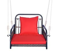 SFAREST Porch Swing Chair, Metal Frame Rattan Hammock Chair with Back & Seat Cushion, Indoor Outdoor Single Wicker Hanging Seat for Living Room Patio Backyard Balcony (Red+Mix Brown, 80 x 64 x 58cm)