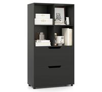 SFAREST Wooden Bookcase, 130cm Tall Storage Cabinet with 4 Open Compartments & 2 Drawers, Freestanding Book Shelves and Storage Organizer Shelf for Bedroom Living Room Home Office (Black)