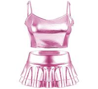 SFBBCLOZ Women's Rave Outfit Sets For Women Festivals 2 Pcs Metallic Tops Skirt EDM Party Club Holographic Rave Outfits, A Pink, Large