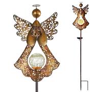 SFgift Starryfill Angel Stake Solar Lights with Crackle Glass Globe Waterproof Warm White LED, 40.5 inches Height Metal Bronze Stake Garden Patio Art Decor, Memorial Gift for Mom Women or Friends