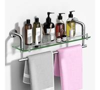 SFGSOWOR Bend Style Glass Shelves with Towel Rack, Chrome Polished Stainless Steel Shelf, 20Inch Tempered Glass Shelves for Wall Shelf Sink Over Toilet Bathroom