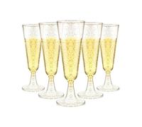 SFHKZCM 50 Premium Plastic Champagne Flutes with Gold Glitter，150ml Reusable Plastic Champagne Flutes Cups, Transparent Cups for Cocktail, Wine, Dessert, Parties, Weddings, Birthdays