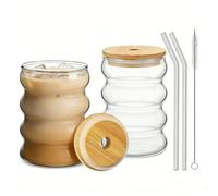 SFHKZCM Ripple Glass Cups 2 PCS 350ML Bubble Water Drinking Glasses | Heat Resistant, With Glass Straws, Ideal for Iced Coffee Latte Macchiato Cappuccino Tea Juice Cocktails Beer