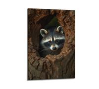 sfjjkh Animal Poster Curious Raccoon Peeking from An Old Hollow Log Poster Wall Art Canvas Aesthetic Cover Painting for Living Room Bed Room 20x30inch(50x75cm) Frame-style