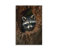 sfjjkh Animal Poster Curious Raccoon Peeking from An Old Hollow Log Poster Wall Art Canvas Aesthetic Cover Painting for Living Room Bed Room 24x36inch(60x90cm) Unframe-style