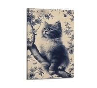 sfjjkh Animal Poster Ink Style Kitten on Flower Branch Poster Wall Art Canvas Aesthetic Cover Painting for Living Room Bed Room 20x30inch(50x75cm) Frame-style