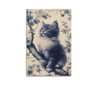 sfjjkh Animal Poster Ink Style Kitten on Flower Branch Poster Wall Art Canvas Aesthetic Cover Painting for Living Room Bed Room 16x24inch(40x60cm) Unframe-style