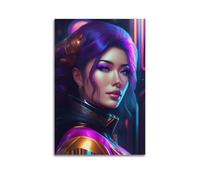 sfjjkh Animal Poster Neon Cyberpunk Woman with Purple Hair Poster Wall Art Canvas Aesthetic Cover Painting for Living Room Bed Room 16x24inch(40x60cm) Unframe-style