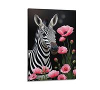 sfjjkh Animal Poster Realistic Zebra Pink Poppies Dark Poster Wall Art Canvas Aesthetic Cover Painting for Living Room Bed Room 12x18inch(30x45cm) Frame-style