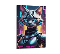 sfjjkh Animal Poster Robot Cat Neon Cyber Art Poster Wall Art Canvas Aesthetic Cover Painting for Living Room Bed Room 20x30inch(50x75cm) Frame-style