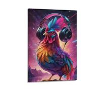 sfjjkh Animal Poster Rooster with Headphones in Cosmos Poster Wall Art Canvas Aesthetic Cover Painting for Living Room Bed Room 12x18inch(30x45cm) Frame-style