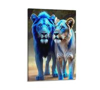 sfjjkh Animal Poster Two Blue Lions Walking Together Poster Wall Art Canvas Aesthetic Cover Painting for Living Room Bed Room 16x24inch(40x60cm) Frame-style