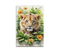 sfjjkh Animal Poster Watercolor Lion Cub with Yellow Flowers Poster Wall Art Canvas Aesthetic Cover Painting for Living Room Bed Room 20x30inch(50x75cm) Unframe-style