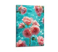 sfjjkh More Pink Roses on Turquoise Surface Poster Wall Art Canvas Aesthetic Cover Painting for Living Room Bed Room 24x36inch(60x90cm) Frame-style