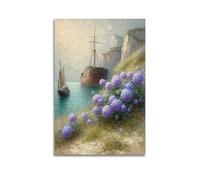 sfjjkh Oil Painting Ships Sea Cliffs Purple Hydrangeas Poster Wall Art Canvas Aesthetic Cover Painting for Living Room Bed Room 20x30inch(50x75cm) Unframe-style